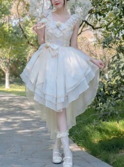 Elegant Summer Pure Color V Neck Bowknot Decoration Front Short Back Long Irregular Hem Design Classic Lolita Sleeveless Dress -NAUS Lolita Shop 1 500x672 1