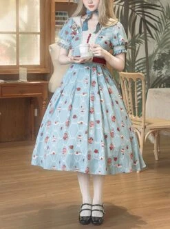 Rose Garden Series Blue Tea Party Rose Print Square Collar Spliced Contrast Color Lace Classic Lolita Puff Sleeves Dress -NAUS Lolita Shop 1 500x672 107