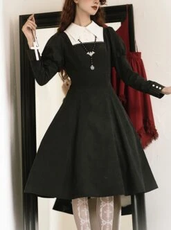Redemption Cross Series Gothic Lolita Bat Necklace Nun Style Black Holiness Puff Long Sleeve Dress -NAUS Lolita Shop 1 500x672 113