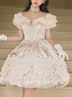 Elizabeth Little Star Flower Series Pure Color Satin Handmade Cross Star Pearl Palace Elegant Classic Lolita Short-Sleeved Dress -NAUS Lolita Shop 1 500x672 114