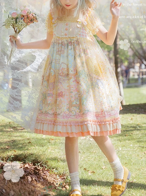 Afternoon Sweet Tea Series JSK Wave Dot Tulle Hem Cute Printing Sweet Lolita Yellow Sling Dress Short Sleeve Shirt Set 5 Afternoon Sweet Tea Series JSK Wave Dot Tulle Hem Cute Printing Sweet Lolita Yellow Sling Dress Short Sleeve Shirt Set - Image 5