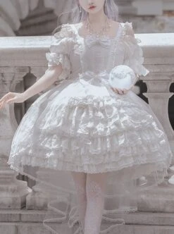 Pure White Elegant Multi-Layer Gorgeous Hem Classic Lolita Bowknot Decoration Short-Sleeved Dress -NAUS Lolita Shop 1 500x672 119