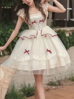 Symphonic Poetry Series Small Flying Sleeves Square Neck Waist Neck Ribbon Bowknot Decorated Mesh Ruffles Sweet Lolita Dress -NAUS Lolita Shop 1 500x672 1208