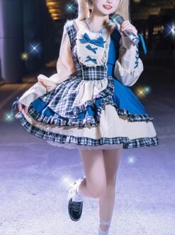 Sweet-Cool Girl Square Collar Bowknot Lace Decoration Denim Plaid Contrast Color Splicing Irregular Sweet Lolita Long-Sleeved Dress -NAUS Lolita Shop 1 500x672 1221