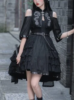 Chinese Style Black Stand-Up Collar Off-The-Shoulder Mid-Sleeve Embroidered Short Coat Metal Decorate Hem Punk Lolita Sleeveless Dress Suit -NAUS Lolita Shop 1 500x672 1277