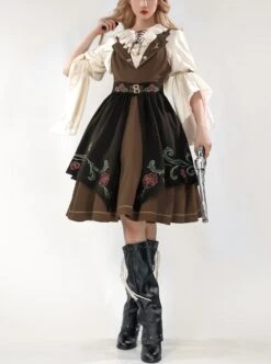 Brown Elegant Lace-Up Ruffle Neck Rose Brooch Rose Embroidered Girdle Lantern Sleeve Punk Lolita Dress -NAUS Lolita Shop 1 500x672 1279