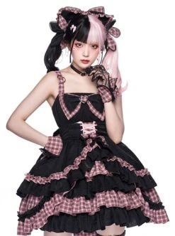 Perrault Kitty Series JSK Heart Metal Decoration Cross Rope Design Punk Lolita Lace Big Bow Dress Set A -NAUS Lolita Shop 1 500x672 1282