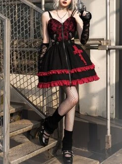Judgment Day Series JSK Dark Punk Lolita Black Red Lace Jacquard Embroidery Waist Cutout Crucifix Fold Metal Buckle Decoration Zipper Sling Dress -NAUS Lolita Shop 1 500x672 1285