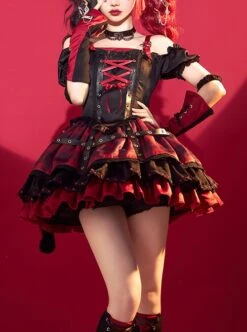 Shibuya Kitty Series Black Red Plaid Ribbon Bowknot Idol Subculture Y2K Bare Shoulders Punk Lolita Dress