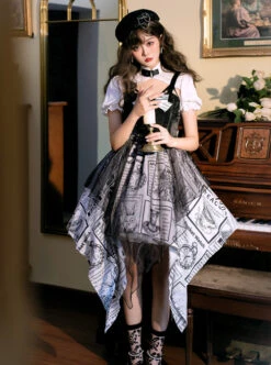 Black White Alice Series OP Retro Splicing Irregular Hem Punk Lolita Short Sleeve Dress -NAUS Lolita Shop 1 500x672 1294