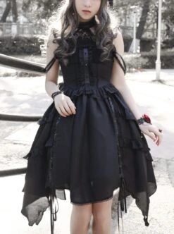Undead Waltz Series Halter Neck Slim Fit Irregular Drawstring Hem Black Simple Sexy Punk Lolita Sleeveless Dress -NAUS Lolita Shop 1 500x672 1299