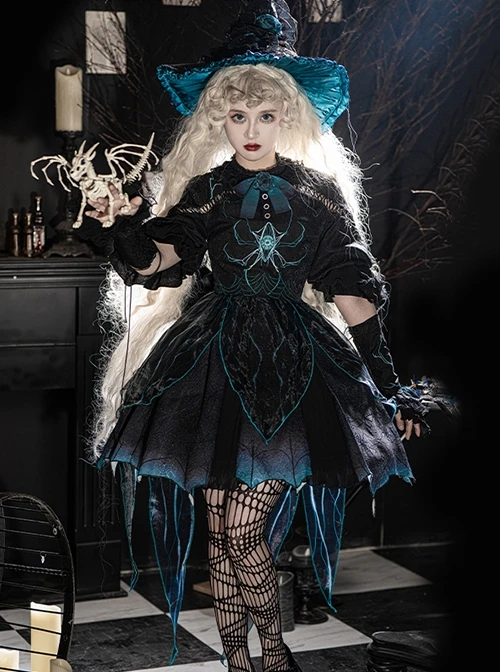 Rose Witch Series Black Halloween Irregular Cute Punk Teal Magic Spider Dark Bat Wing Bowknot Elements Print Lolita Dress Hat Set 7 Rose Witch Series Black Halloween Irregular Cute Punk Teal Magic Spider Dark Bat Wing Bowknot Elements Print Lolita Dress Hat Set - Image 7