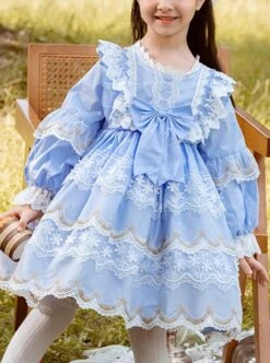 Light Blue Lace Stitching Puff Sleeve Cute Autumn Sweet Lolita Kids Long-Sleeved Dress -NAUS Lolita Shop 1 500x672 1312