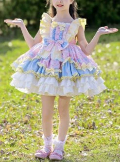 Yellow Pink Blue Simplicity Retro Style Spring Autumn Kids Cartoon Princess Fluffy Ruffles Bowknot Sweet LolitaSleeveless Dress -NAUS Lolita Shop 1 500x672 1314