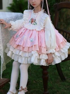 Autumn Winter Pink Floral Embroidery Heart Pattern Pink Plaid Bowknot Ruffle Sweet Lolita Kids Long Sleeves Dress -NAUS Lolita Shop 1 500x672 1315