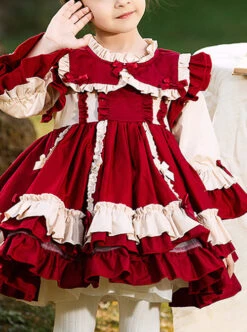 Autumn Winter Bowknot Ruffle Delicate Children Sweet Lolita Kids Wine Red Long Sleeve Dress -NAUS Lolita Shop 1 500x672 1319
