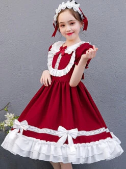 White Lace Doll Collar Wine Red Pure Color Children Lolita Short Sleeve Dress -NAUS Lolita Shop 1 500x672 1326