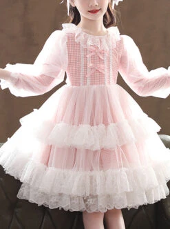 Bowknot White Tulle Lace Children Sweet Lolita Kids Plaid Long Sleeve Dress -NAUS Lolita Shop 1 500x672 1330