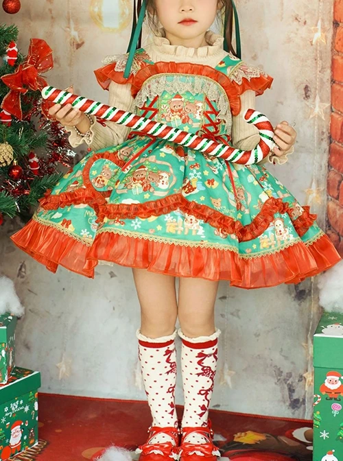 Little Bear Christmas Print Lace Sleeveless Dress Apricot Stand Collar Knit Long Sleeve Top Classic Lolita Kids Dress Set 5 Little Bear Christmas Print Lace Sleeveless Dress Apricot Stand Collar Knit Long Sleeve Top Classic Lolita Kids Dress Set - Image 5