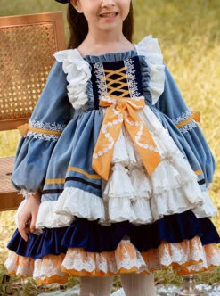 White Lace Yellow Bowknot Children Sweet Lolita Kids Gray-blue Velour Autumn Winter Long Sleeve Dress