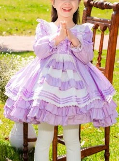Purple Bow Knot Round Neck Stitching Lantern Sleeve Ruffle Hem Sweet Lolita Kids Long Sleeve Dress -NAUS Lolita Shop 1 500x672 1339