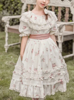 Pleated Ruffle Trim Pink Flower Print Decoration Straps Bow Children Lolita Kids Short Sleeves Dress -NAUS Lolita Shop 1 500x672 1340