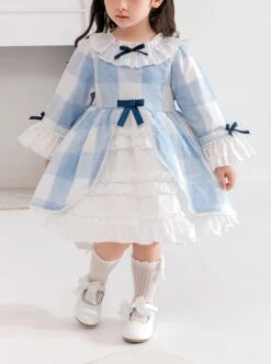 Blue And White Plaid Design Cute Pleated Ruffle Trim Bow Knots Classic Lolita Long Sleeve Kid Dress -NAUS Lolita Shop 1 500x672 1341