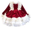 Red Velvet Crinkled Puff Lace Double Layer Hem Lace Jacquard Trim Children Classic Lolita Long Sleeve Kids Dress