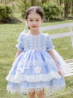White Lace Tassel Hem Kids Sweet Lolita Blue Short Sleeve Dress -NAUS Lolita Shop 1 500x672 1343