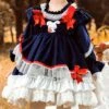Dark Blue Velvet Red Rabbit Ears Polka Dot Lace Hem Classic Lolita Kids Long Sleeve Dress