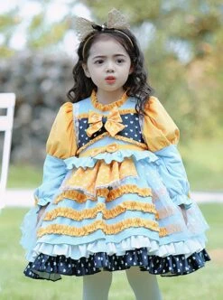Yellow-Blue Stitching Heart Polka Dots Lace Puff Sleeves Velvet Ruffles Classic Lolita Bow Kids Long-Sleeved Dress -NAUS Lolita Shop 1 500x672 1348