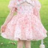 Floral Stand Collar Hollow Design Puff Sleeves Pink Sweet Lolita Kids Short-Sleeved Dress
