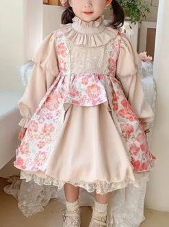 Stand Collar Spring Autumn Flower Print Court Style Puff Sleeves Big Bow-Knot Sweet Lolita Kids Long-Sleeved Dress -NAUS Lolita Shop 1 500x672 1351