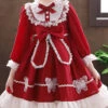 White Lace Pure Color Big Bowknot Children Sweet Lolita Kids Long Sleeve Dress