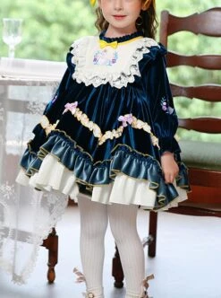 Dark Blue Embroidered Lace Ruffle Irregular Hem Design Bow Decorated Classic Lolita Kids Long Sleeve Dress -NAUS Lolita Shop 1 500x672 1354