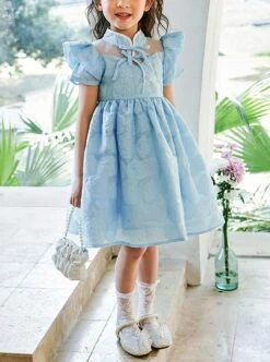 Rose Flower Embossed Texture Pleated Fluffy Hem Cute Flying Sleeves Decoction Children Lolita Kids Blue Dress -NAUS Lolita Shop 1 500x672 1359