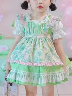 Green Strawberry Series Summer Lace Collar Strawberry Print Cute Green Polka Dot Lace Sweet Lolita Kids Short-Sleeved Dress -NAUS Lolita Shop 1 500x672 1363