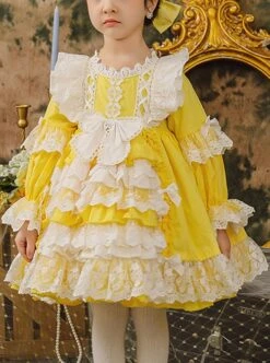 White Lace Stitching Lantern Sleeve Cute Yellow Princess Dress Spring Autumn Classic Lolita Kids Long-Sleeved Dress -NAUS Lolita Shop 1 500x672 1371