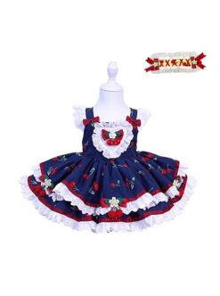 Retro Navy Blue Contrasting Colors Cherry Red Doll Bowknot Cute Lace Sweet Lolita Sleeveless Princess Kid Dress JSK -NAUS Lolita Shop 1 500x672 1372