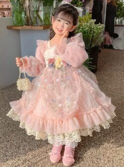 Pleated Lace Mesh Design Delicate Flower Embroidery Cute Long Sleeves Three-Dimensional Flower Decoration Classic Lolita Kid Dress -NAUS Lolita Shop 1 500x672 1373