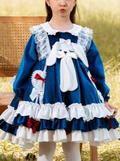 Doll Collar Lovely Long Ear Rabbit Bowknot Children Sweet Lolita Kids Blue Velour Long Sleeve Dress -NAUS Lolita Shop 1 500x672 1375