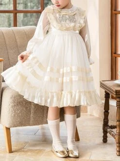 Fashion Ruffle Kids Classic Lolita Crew Neck Apricot Pearlescent Embroidered Bubble Flare Long Sleeve Dress -NAUS Lolita Shop 1 500x672 1378