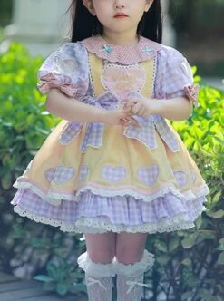 Polka Dot Petal Collar Purple Plaid Bowknot Puff Sleeves Love Lace Hem Design Sweet Lolita Kids Short-Sleeved Dress -NAUS Lolita Shop 1 500x672 1383