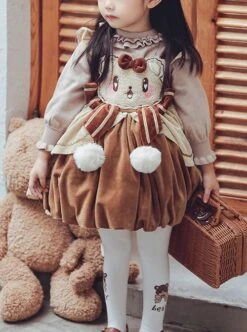 Little Bear Coco Series Autumn Winter Warm Caramel Color Little Bear Embroidered Pom Ball Decoration Sweet Lolita Kids Sleeveless Dress -NAUS Lolita Shop 1 500x672 1384