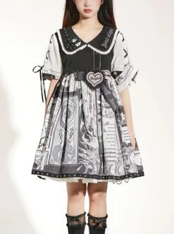 Little Tengu Series OP Doll Collar Printing Black Cute Gothic Lolita Short Sleeve Dress -NAUS Lolita Shop 1 500x672 139