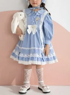 Blue Lovely Petal Collar Embroidered Pleated Ruffle Lace Lantern Sleeve Bow Classic Lolita Kids Long Sleeve Dress -NAUS Lolita Shop 1 500x672 1390