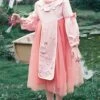 Chinese Hanfu Style Delicate Floral Embroidery Irregular Pleated Button Neckline Pink Long Sleeve Kid Dress
