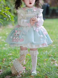 Cute Bear Pattern Print Plush Ball Crinkled Bow Trim Irregular Hem Sweet Lolita Kid Princess Slip Dress -NAUS Lolita Shop 1 500x672 1393