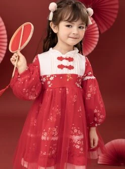 Red Chinese Style Cherry Blossom Magpie Print Lantern Sleeve Stitching Fake Two-Piece Classic Lolita Long-Sleeved Dress -NAUS Lolita Shop 1 500x672 1398