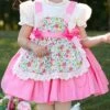 Lace Round Neck Broken Flowers Apron Cute Puff Sleeve Blue Plaid Little Maid Sweet Lolita Kids Short-Sleeved Dress